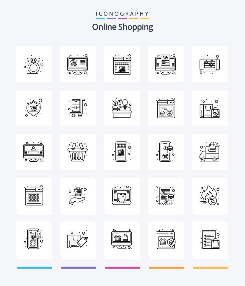 shopping en ligne créatif 25 pack d'icônes de contour tel que cercle. en ligne. en ligne. liste. liste de souhaits vecteur