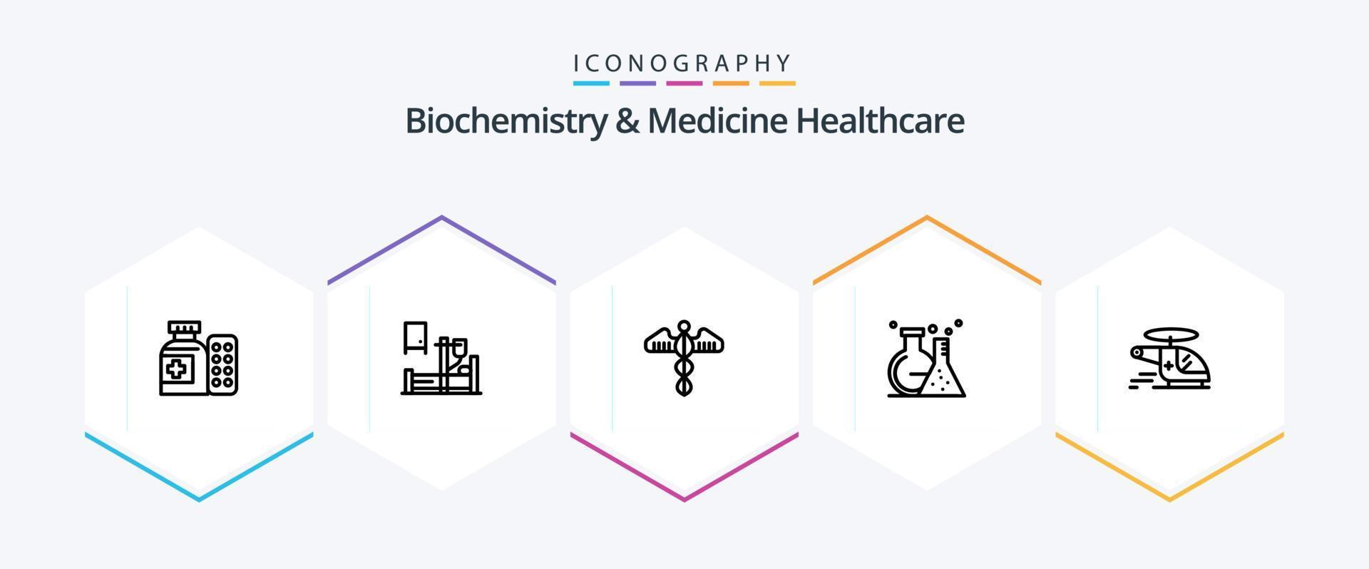 biochimie et médecine pack d'icônes de 25 lignes de soins de santé, y compris un hélicoptère. tube. médical. laboratoire. se soucier vecteur