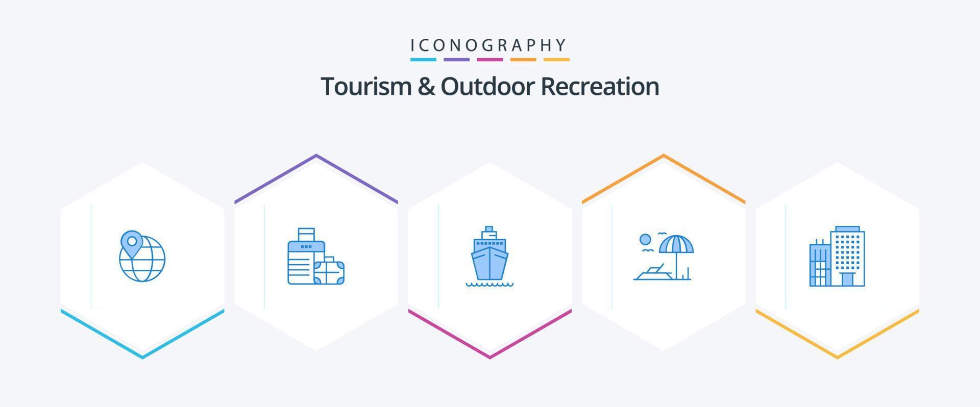 tourisme et loisirs de plein air pack de 25 icônes bleues, y compris la maison. hôtel . bateau. vacances. plage vecteur