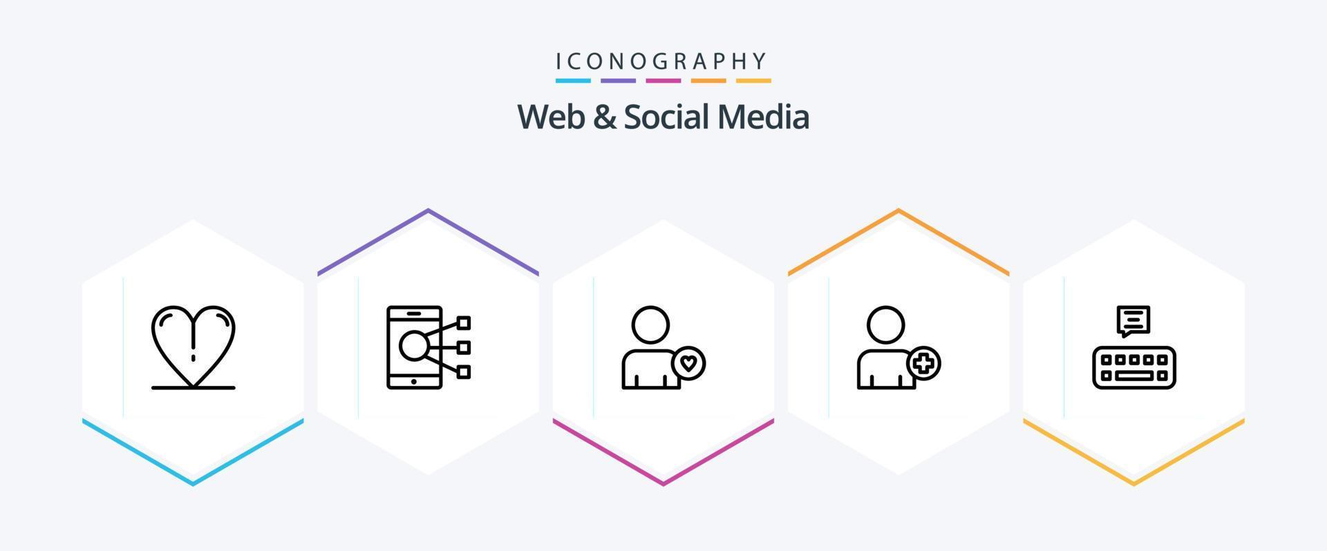 pack d'icônes web et médias sociaux de 25 lignes, y compris l'homme. Ajouter . téléphone . aimer vecteur