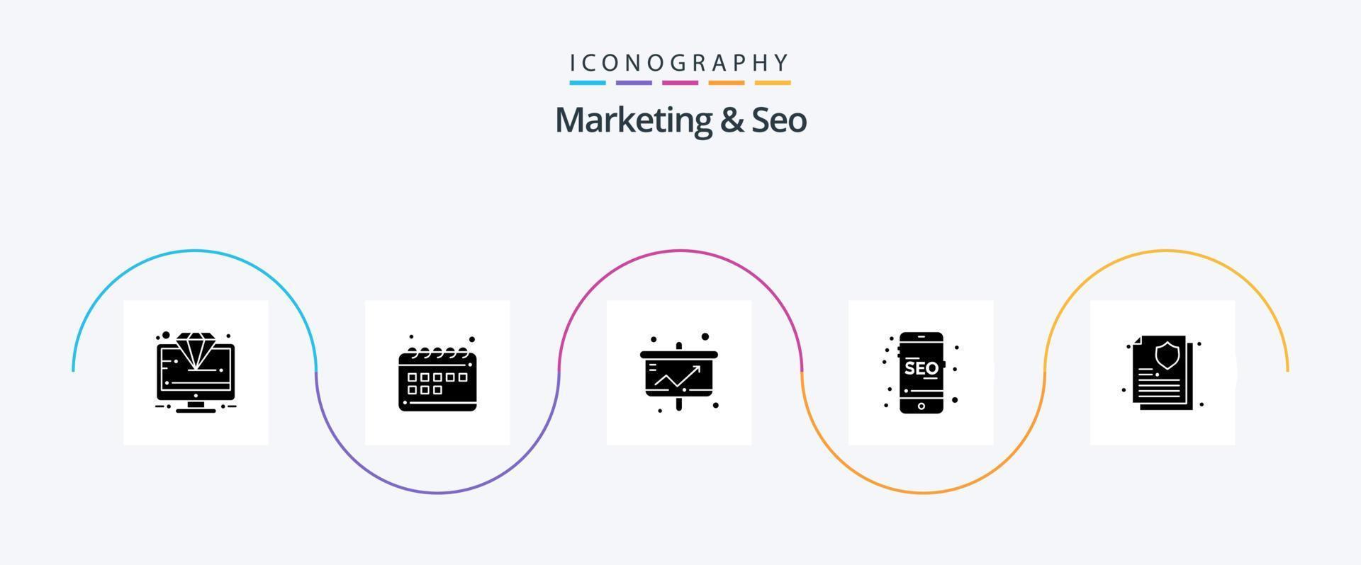 pack d'icônes marketing et seo glyph 5, y compris en ligne. référencement. calendrier. mobile. présentation vecteur