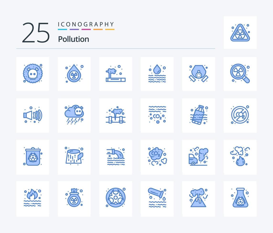 pollution 25 pack d'icônes de couleur bleue comprenant un masque. déchets. gaz. pollution. eau vecteur