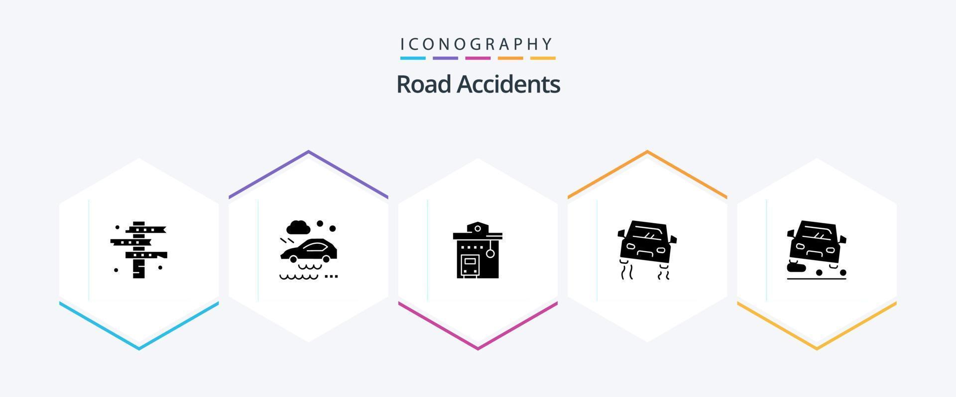 accidents de la route pack d'icônes de 25 glyphes, y compris le dérapage. voiture. route mouillée. accident. gare vecteur