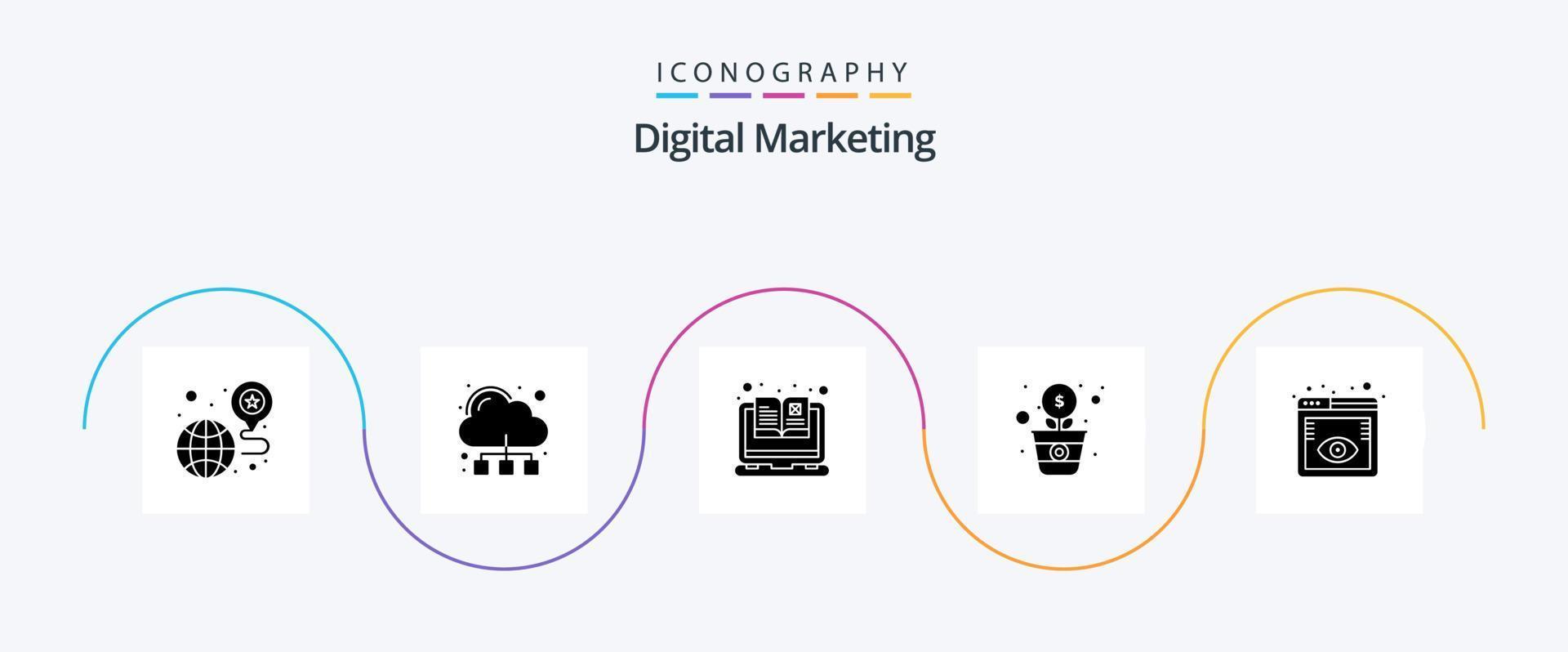 pack d'icônes de glyphe de marketing numérique 5, y compris la surveillance seo. investir. livre. grandir. dollar vecteur