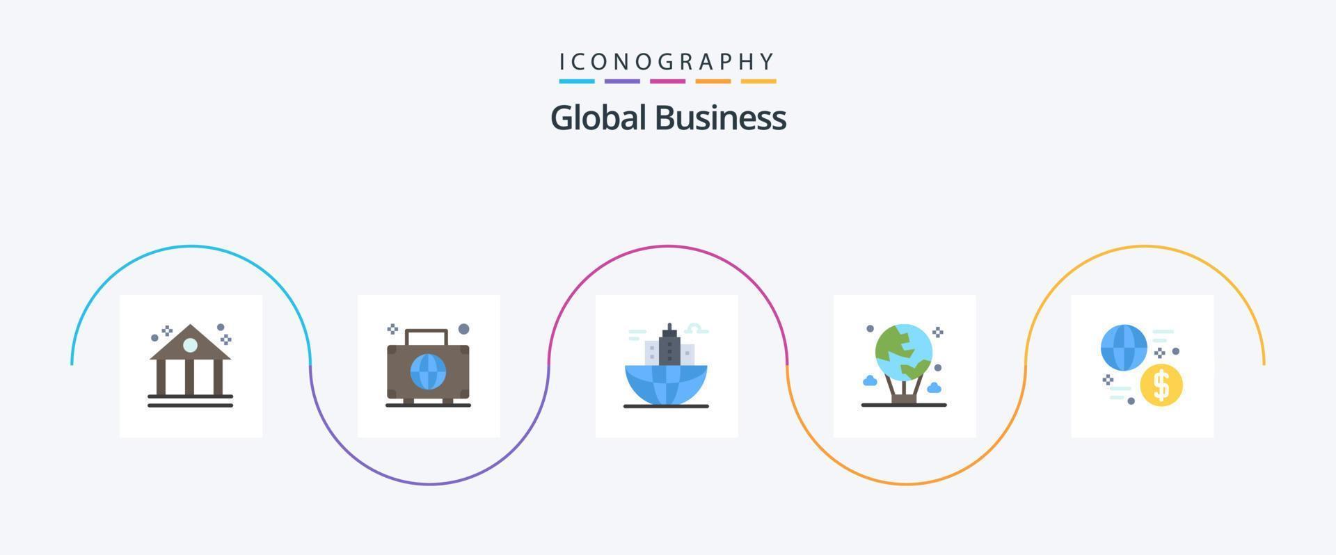 pack d'icônes global business flat 5, y compris international. voler. bâtiment. ballon. siège social vecteur