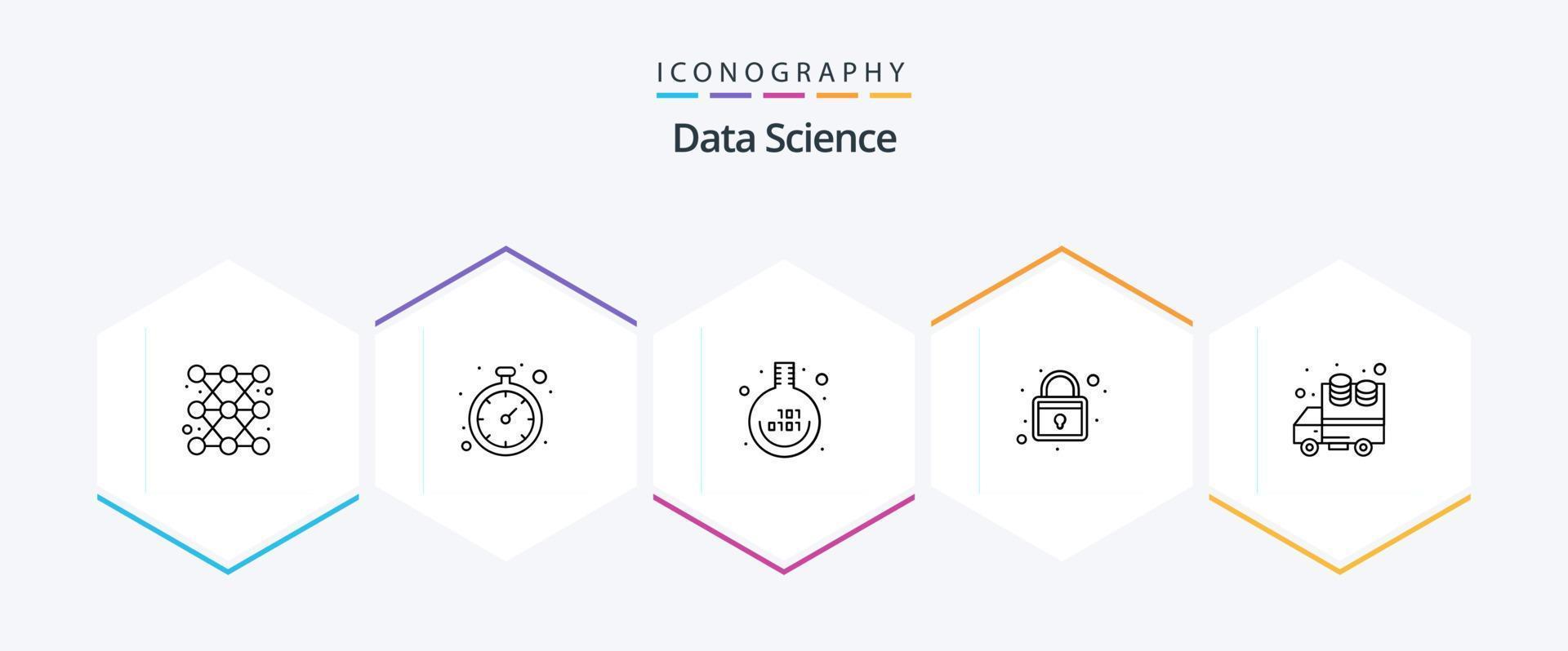 Pack d'icônes de 25 lignes de science des données, y compris le Big Data. étagère. analyse du temps. protection. code binaire vecteur