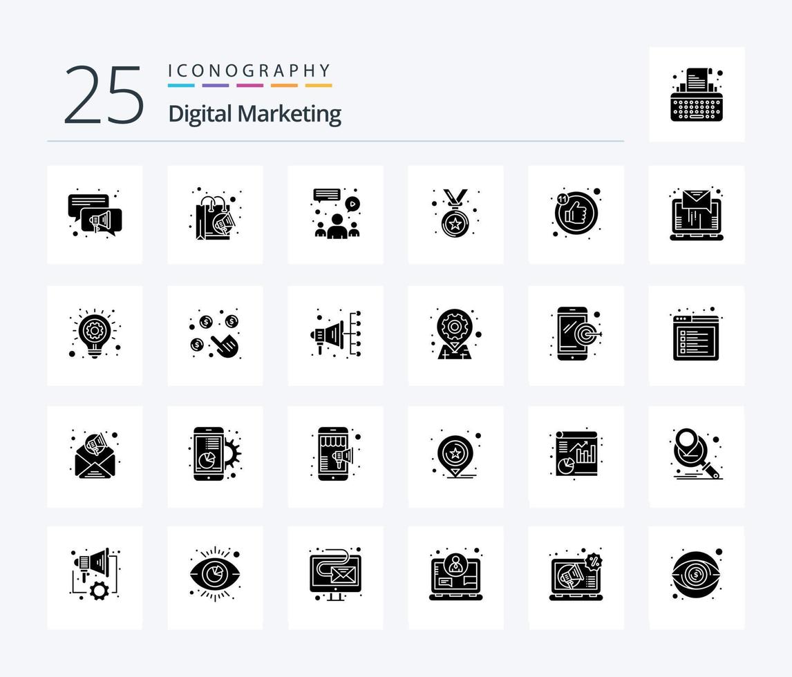 pack d'icônes de 25 glyphes solides de marketing numérique, y compris le courrier électronique. aime. groupe. comme. médaille vecteur