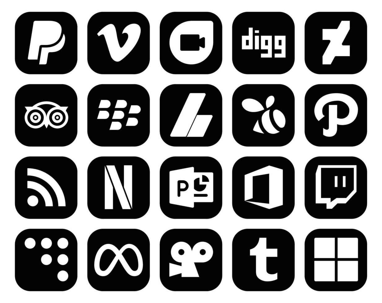 pack de 20 icônes de médias sociaux, y compris le chemin twitch powerpoint blackberry netflix vecteur