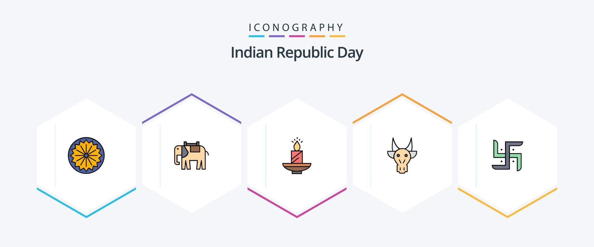 pack d'icônes fillline du jour 25 de la république indienne, y compris le taureau. ornement. bougie. la cire. lampe vecteur