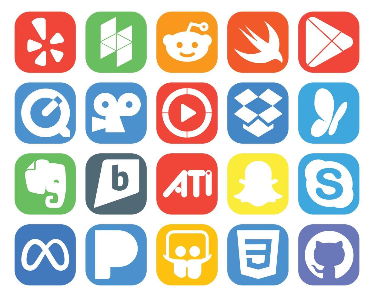 pack de 20 icônes de médias sociaux, y compris chat snapchat windows media player ati evernote vecteur