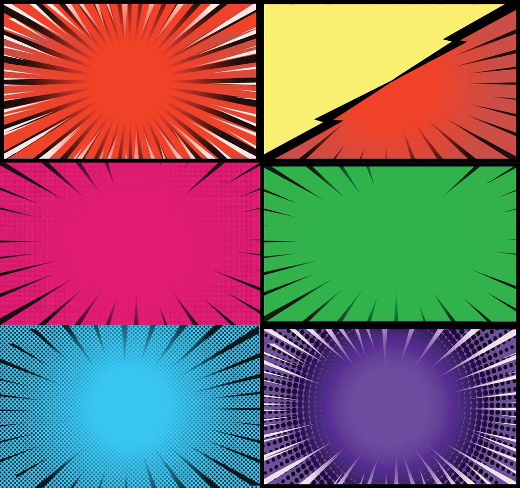 fond de cadres colorés de bande dessinée avec des rayons de demi-teintes effets radiaux et pointillés style pop art vecteur