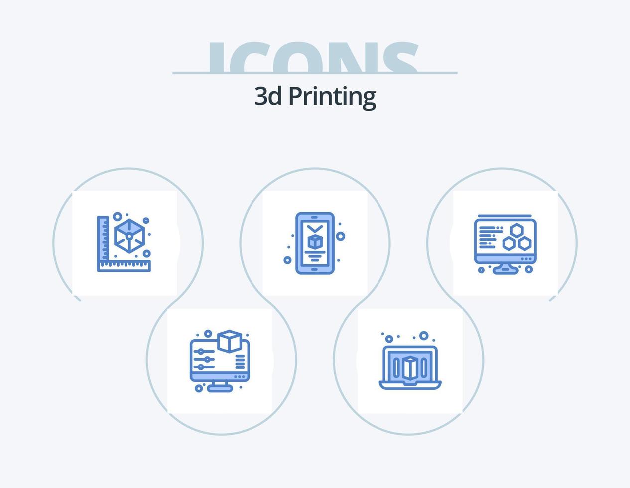 pack d'icônes bleues d'impression 3d 5 conception d'icônes. impression. téléphone intelligent. cube. impression. 3d vecteur