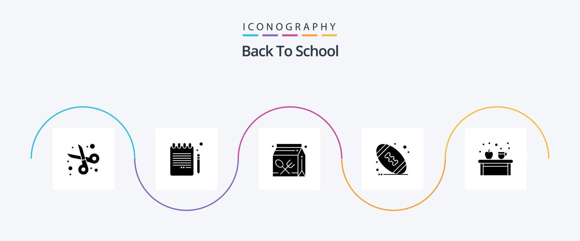 retour au pack d'icônes glyphe 5 de l'école, y compris le café. balle. carnet de notes. Américain. apprentissage vecteur