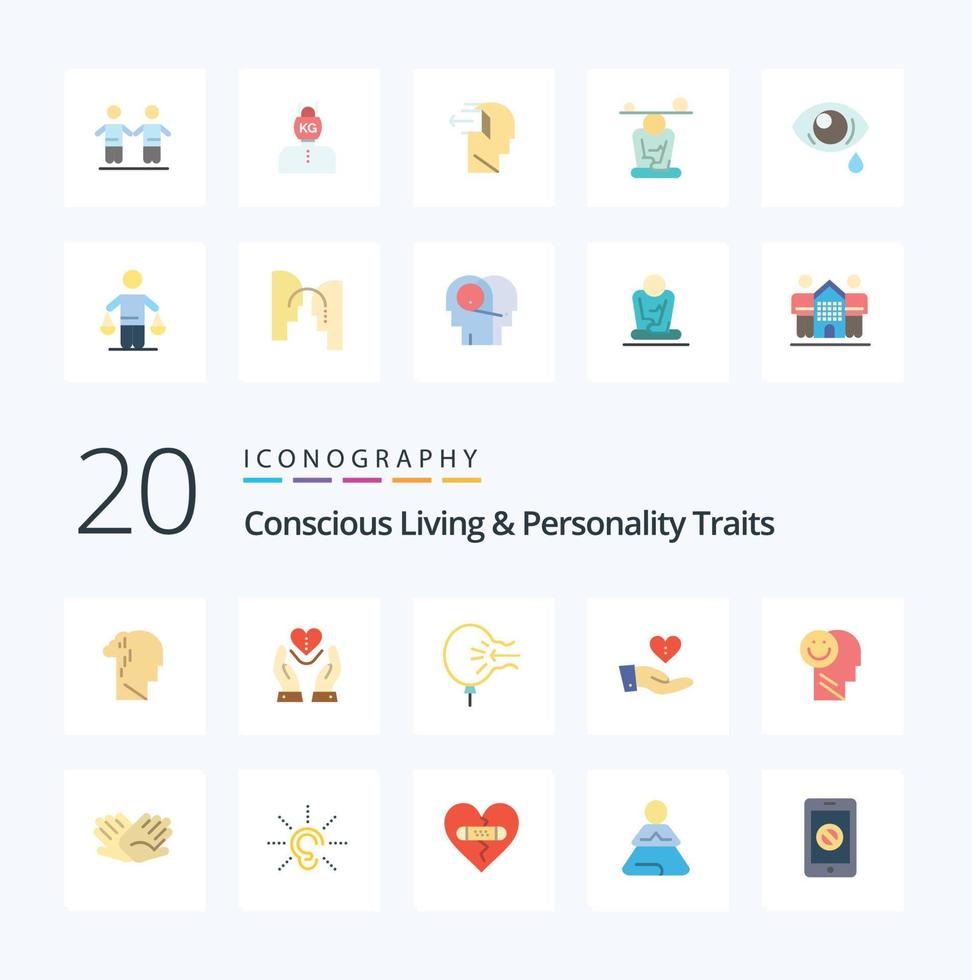 20 traits de vie et de personnalité conscients pack d'icônes de couleur plate comme donner un coup de stress au cœur de charité vecteur