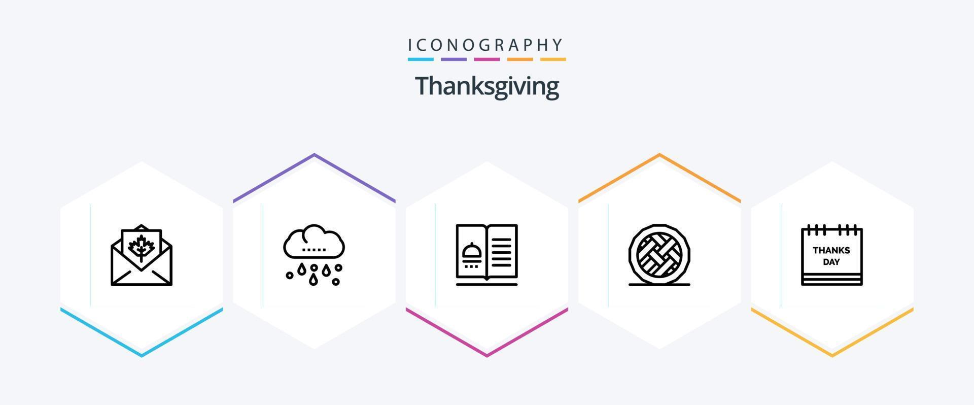 pack d'icônes de 25 lignes de thanksgiving, y compris la tarte. gâteau. action de grâces. pâtisserie. recettes vecteur