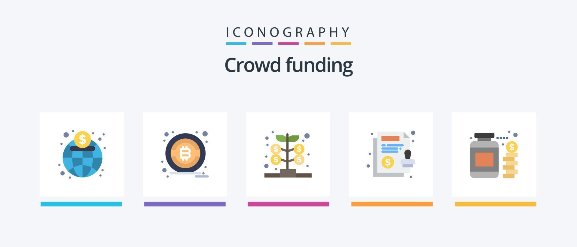 pack d'icônes plat 5 de financement participatif, y compris de l'argent. monnaie. croissance. papier. contracter. conception d'icônes créatives vecteur
