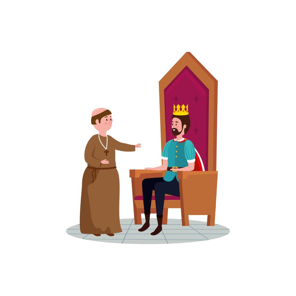 roi de conte de fées assis sur une chaise avec moine vecteur