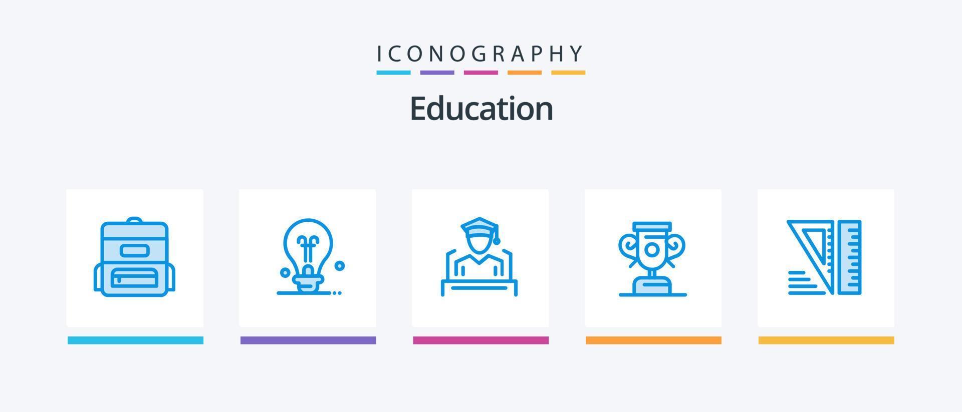 pack d'icônes bleu éducation 5 comprenant. outils. l'obtention du diplôme. géométrique. entraînement. conception d'icônes créatives vecteur