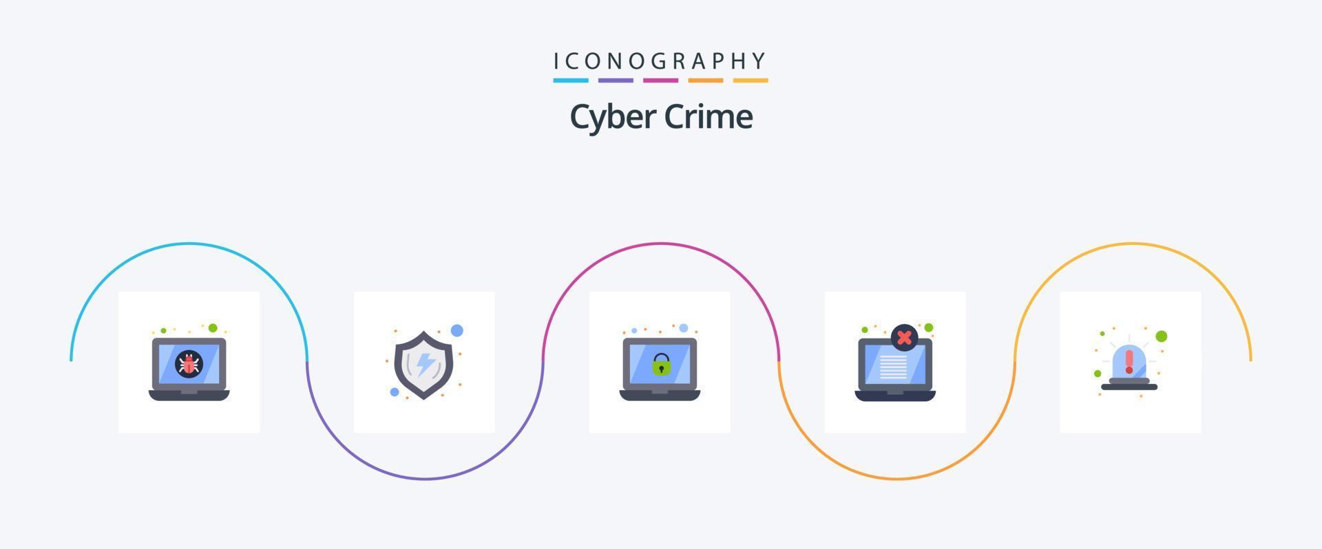 pack d'icônes plat 5 de la cybercriminalité, y compris l'urgence. menace. vérifier. ordinateur portable. afficher vecteur