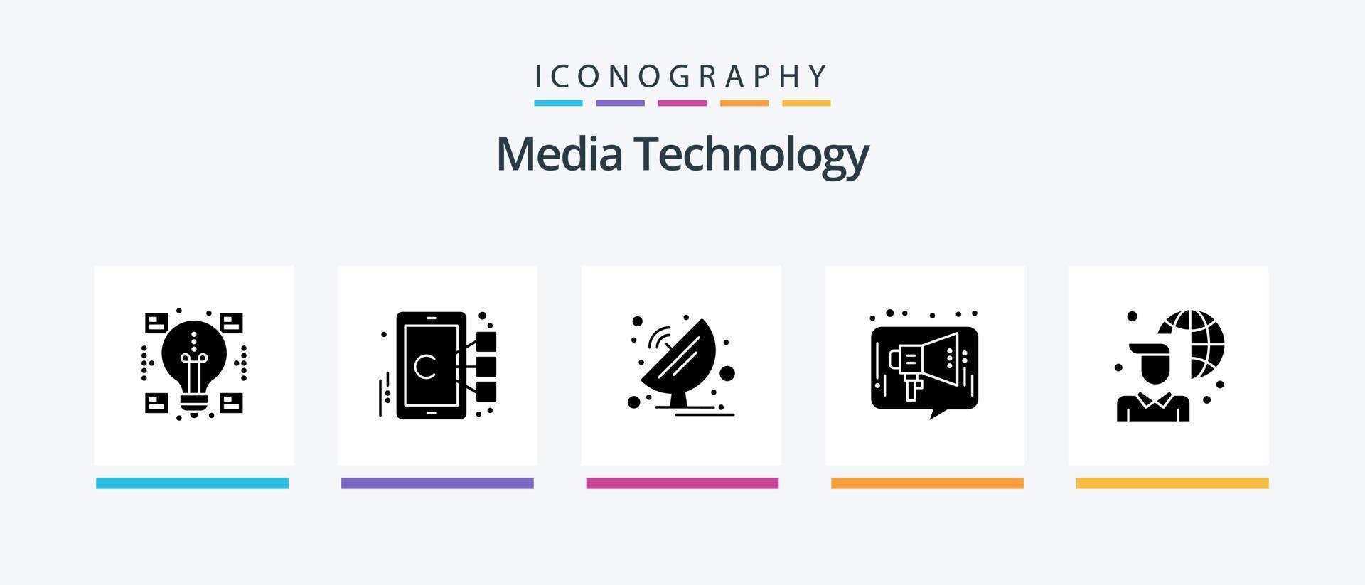 pack d'icônes glyphe 5 de technologie multimédia, y compris social. commercialisation. antenne. publicité. science. conception d'icônes créatives vecteur