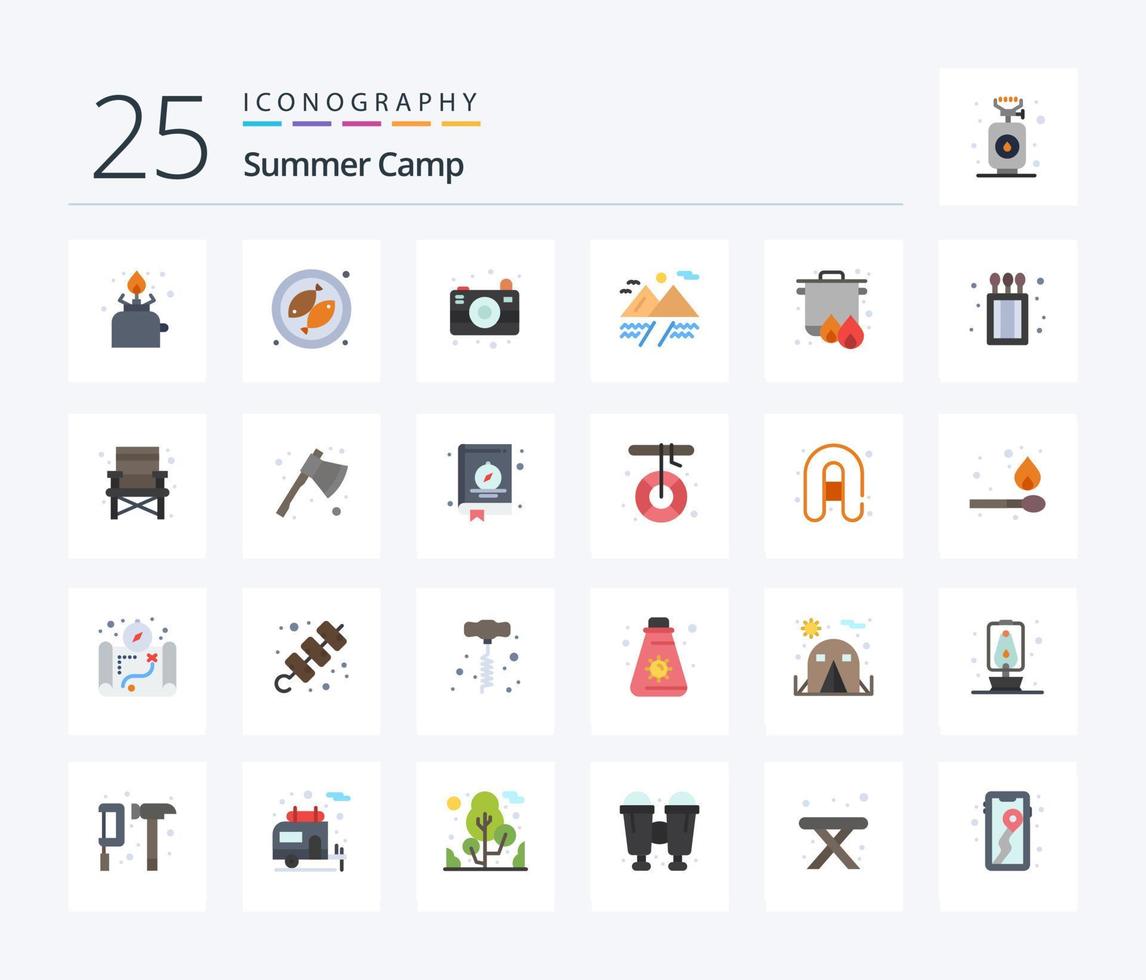 camp d'été 25 pack d'icônes de couleur plate, y compris la cuisine. camping. caméra. bouillir. nuage vecteur