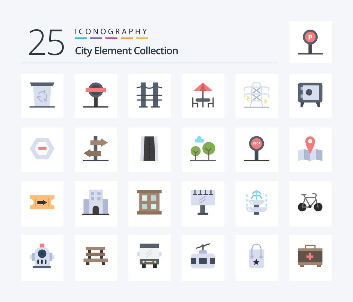 collection d'éléments de ville pack de 25 icônes de couleur plate, y compris la ligne. tableau. pont. meubles. le dîner vecteur