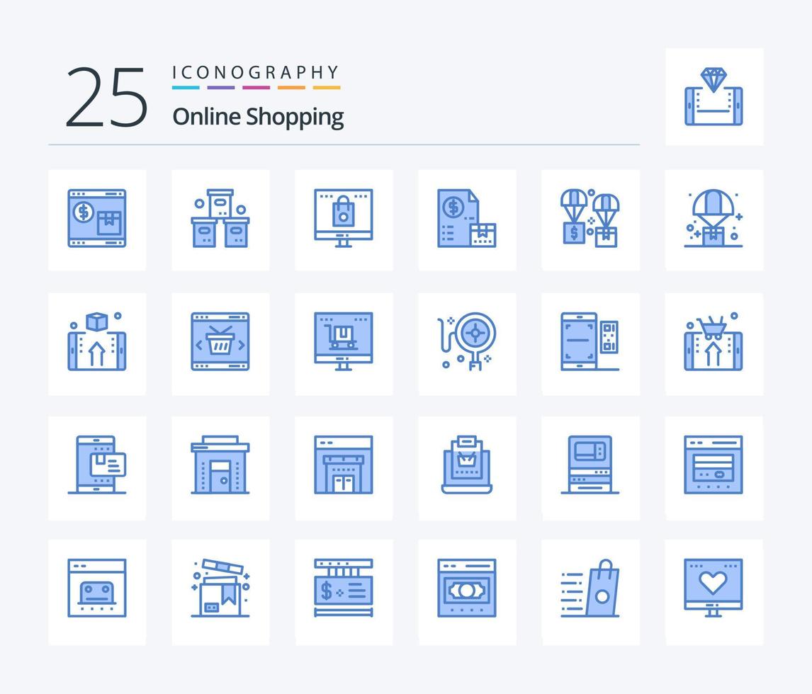 shopping en ligne 25 pack d'icônes de couleur bleue, y compris le marché. espèces. emballage. achats. en ligne vecteur
