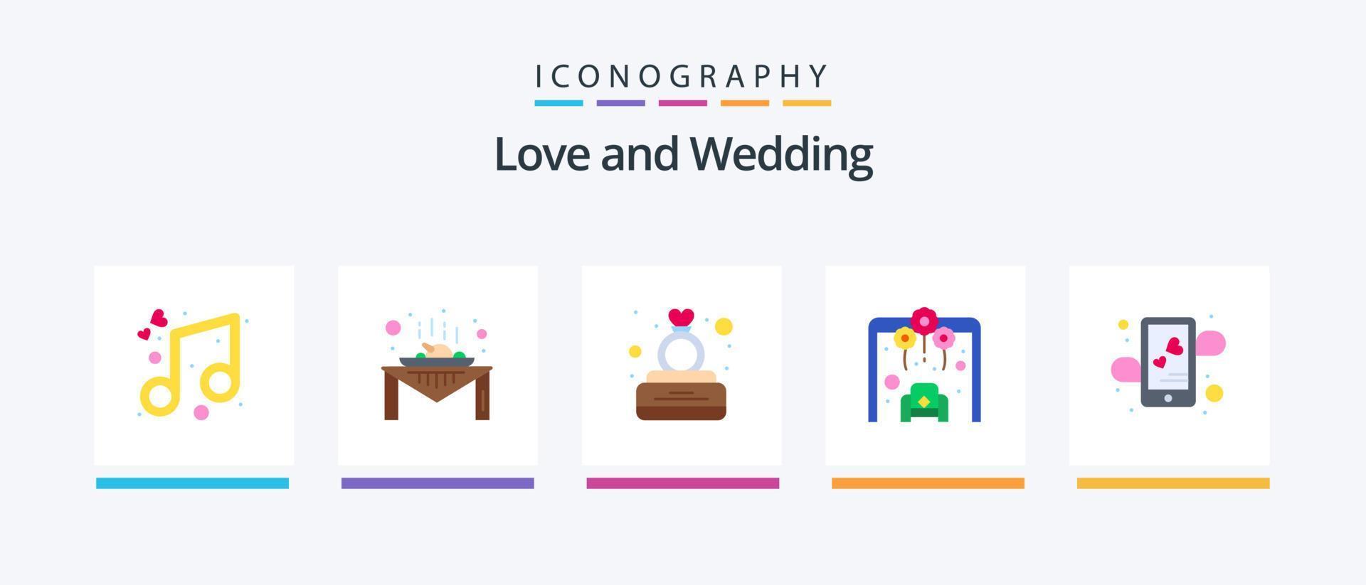 pack d'icônes de mariage plat 5, y compris l'affection. mariage. boîte. aimer. anneau. conception d'icônes créatives vecteur