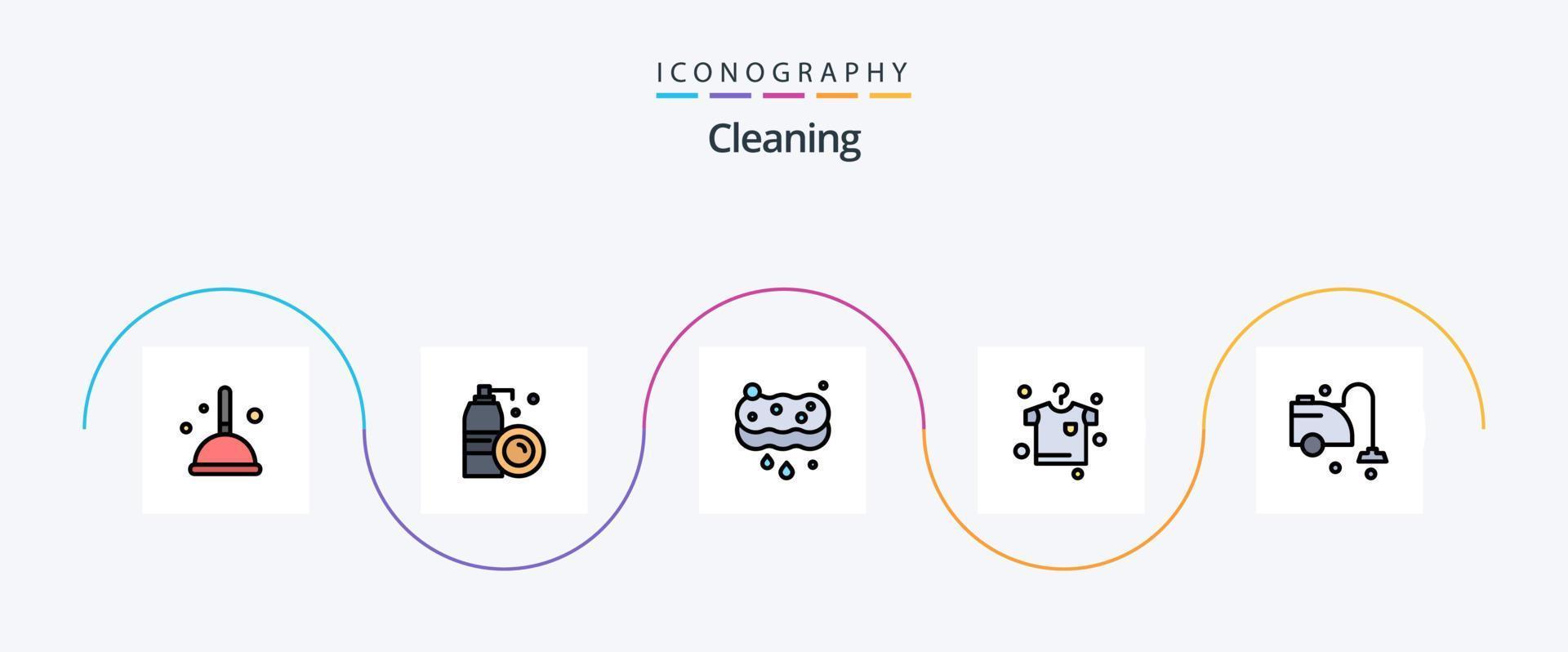 ligne de nettoyage remplie de pack d'icônes plat 5, y compris le nettoyage. faire le ménage. faire le ménage. suspendu. vêtements vecteur