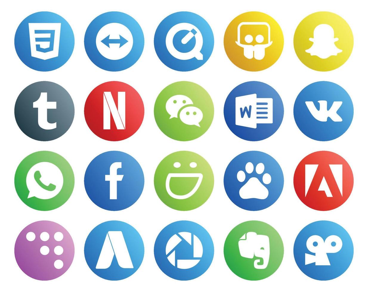 pack de 20 icônes de médias sociaux, y compris adwords adobe messenger baidu facebook vecteur