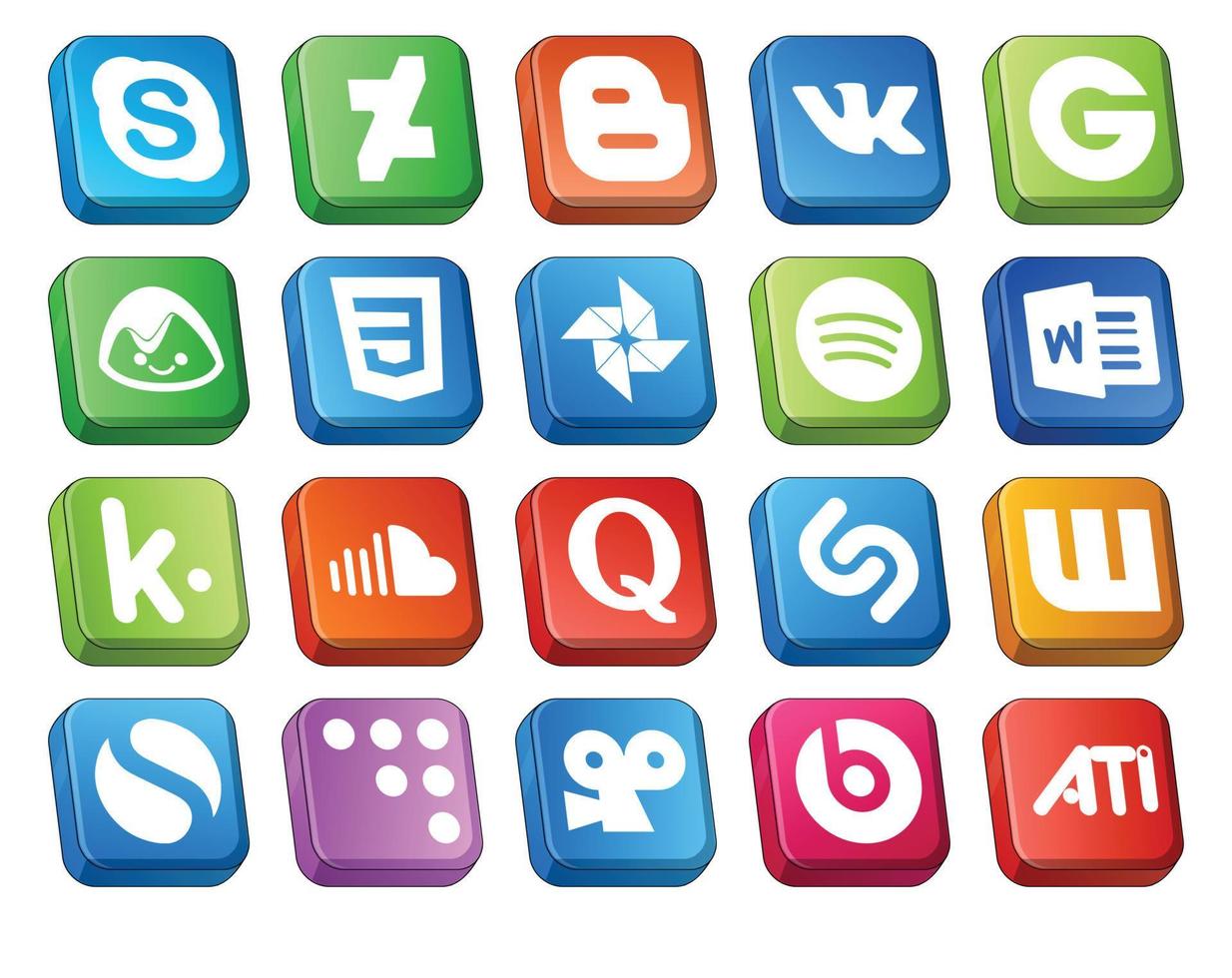 pack de 20 icônes de médias sociaux, y compris shazam quora photo music soundcloud vecteur