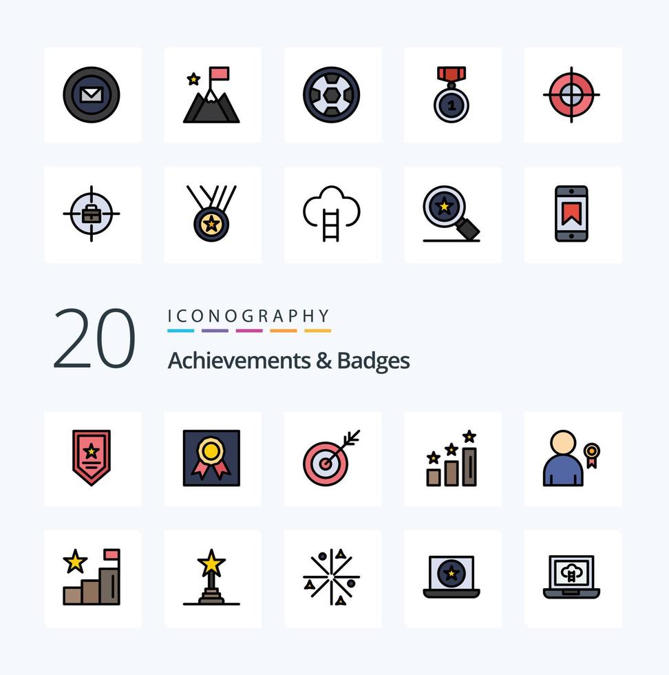 20 badges de réalisations pack d'icônes de couleur rempli de lignes comme les meilleures positions réalisations de performances de flèche vecteur