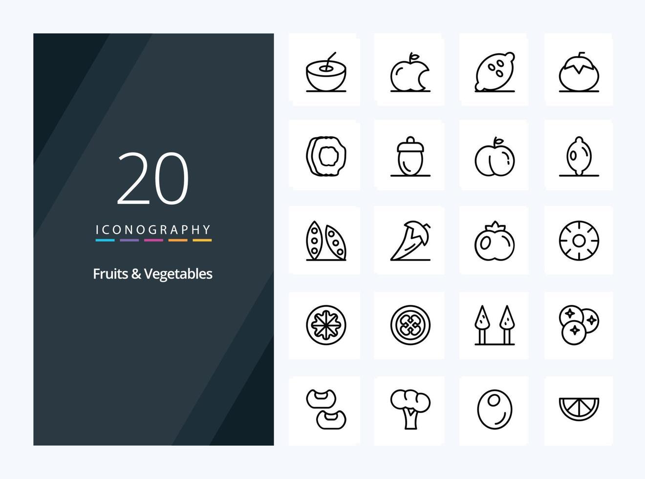 Icône de contour de 20 fruits et légumes pour la présentation vecteur