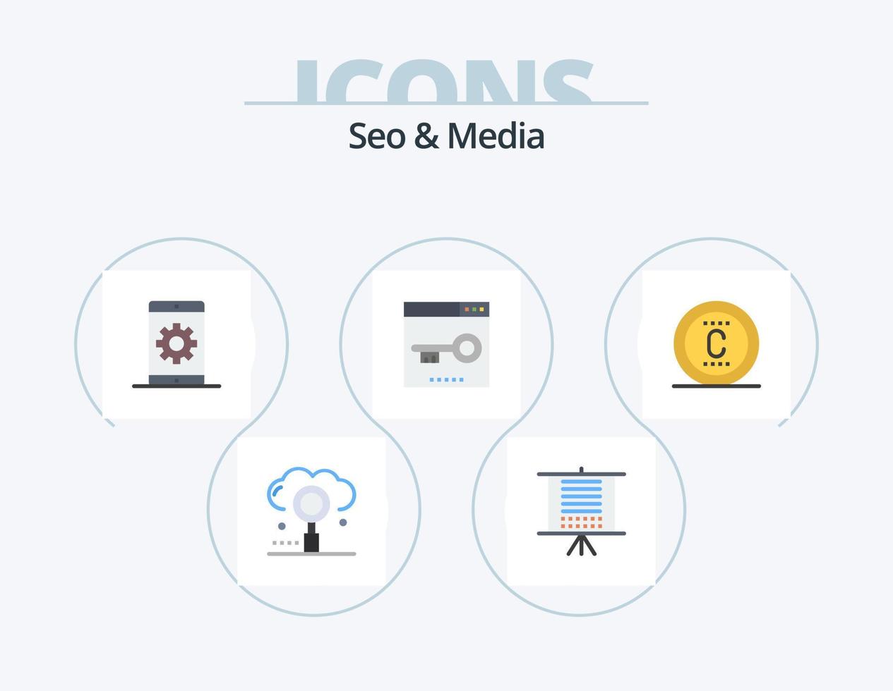 conception d'icônes seo et media flat icon pack 5. optimisation. mots clés. la toile. moteur. téléphone vecteur
