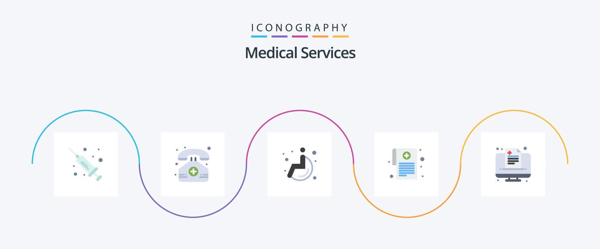 pack d'icônes plat 5 services médicaux, y compris en ligne. soins de santé. roue. santé. ordonnance vecteur