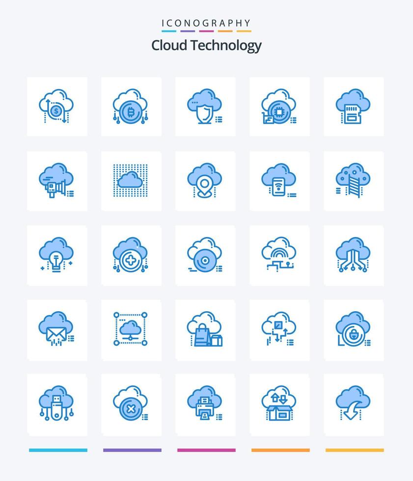 Creative Cloud Technology 25 pack d'icônes bleues telles que la puce. nuage. bitcoin. protection. bouclier vecteur