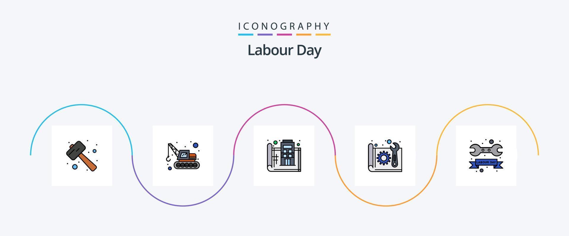 pack d'icônes plat 5 rempli de ligne de fête du travail, y compris le plan. construction. plan. plan. imprimer vecteur