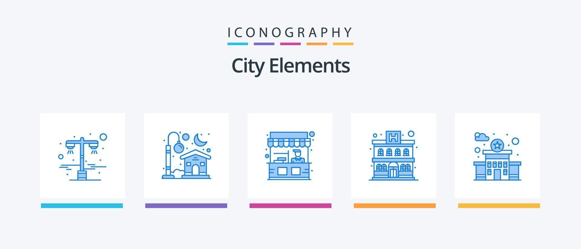pack d'icônes bleu 5 éléments de la ville, y compris la gare. bâtiment. nourriture. hôtel. appartement. conception d'icônes créatives vecteur