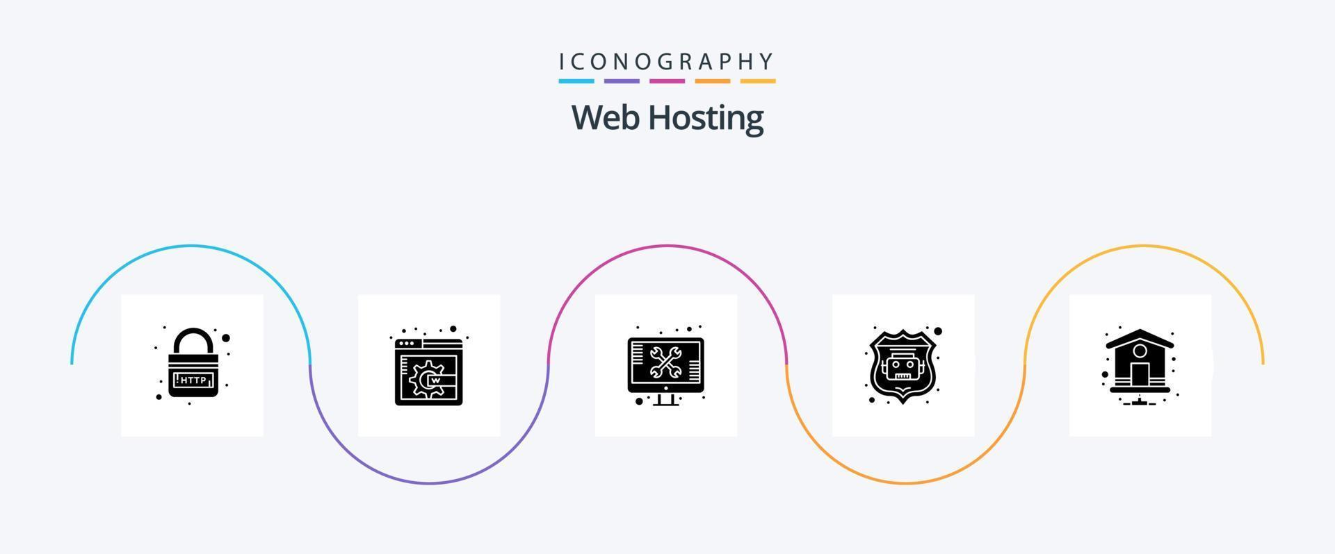 pack d'icônes glyphe 5 d'hébergement Web, y compris la page d'index. maison. filtrer. la toile. robot internet vecteur
