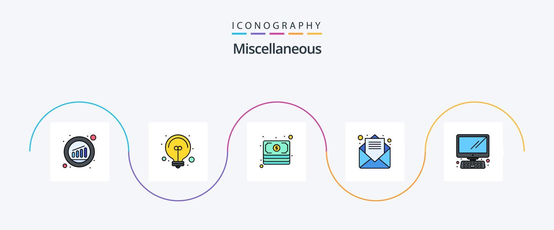 pack d'icônes plat 5 rempli de lignes diverses, y compris le bureau. espèces. e-mail ouvert. e-mail vecteur