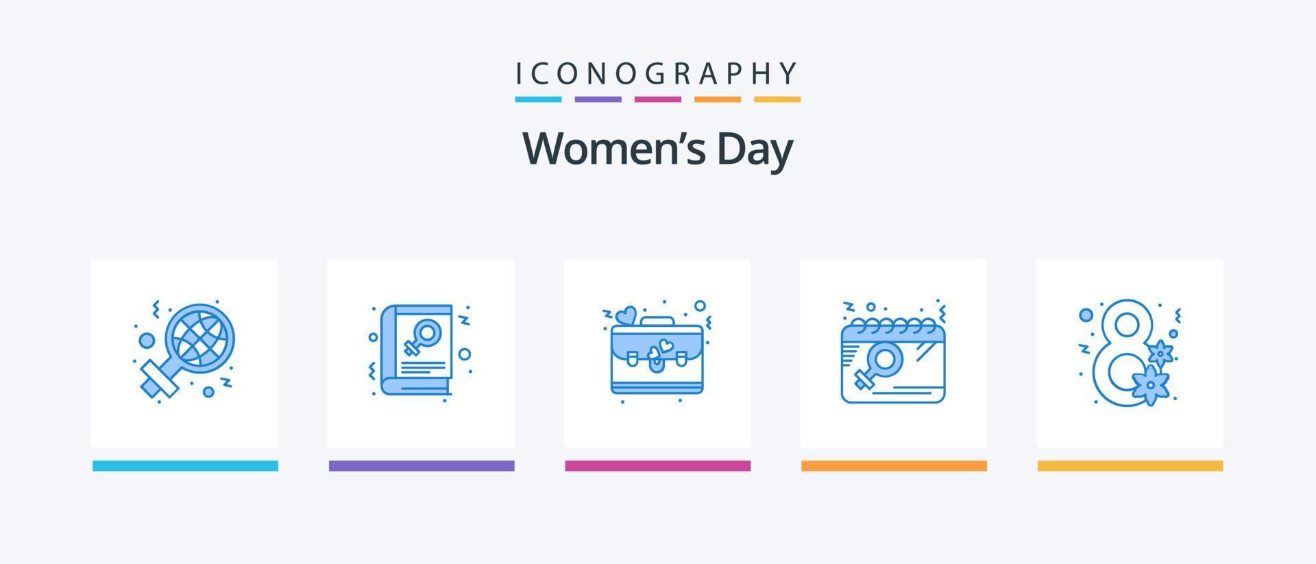 pack d'icônes bleu 5 pour la journée des femmes, y compris le jour. femmes. sac. plan. calendrier. conception d'icônes créatives vecteur