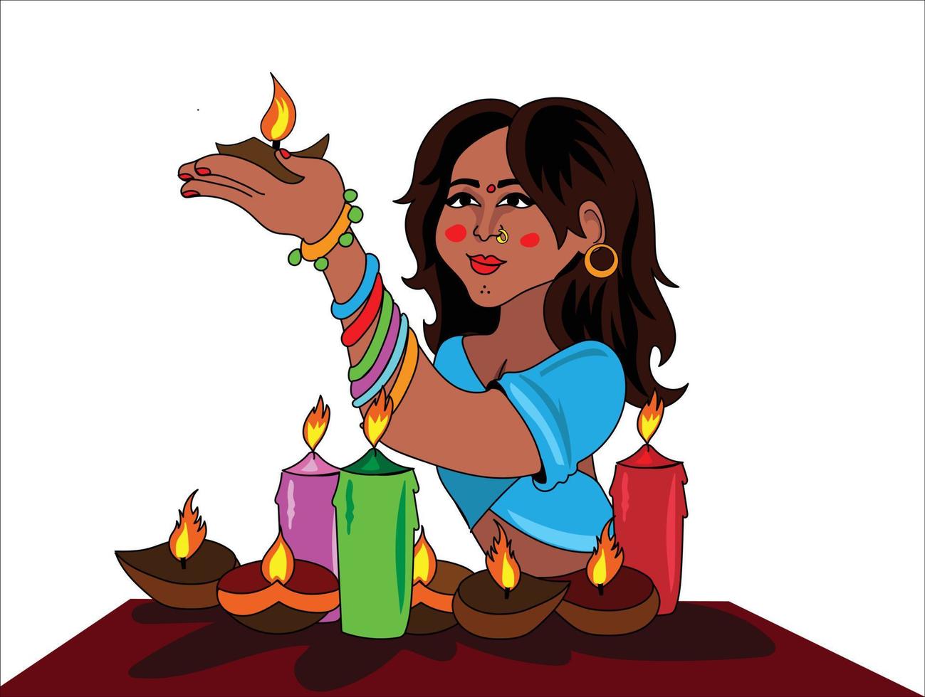 fille indienne diwali tenant une bougie vecteur