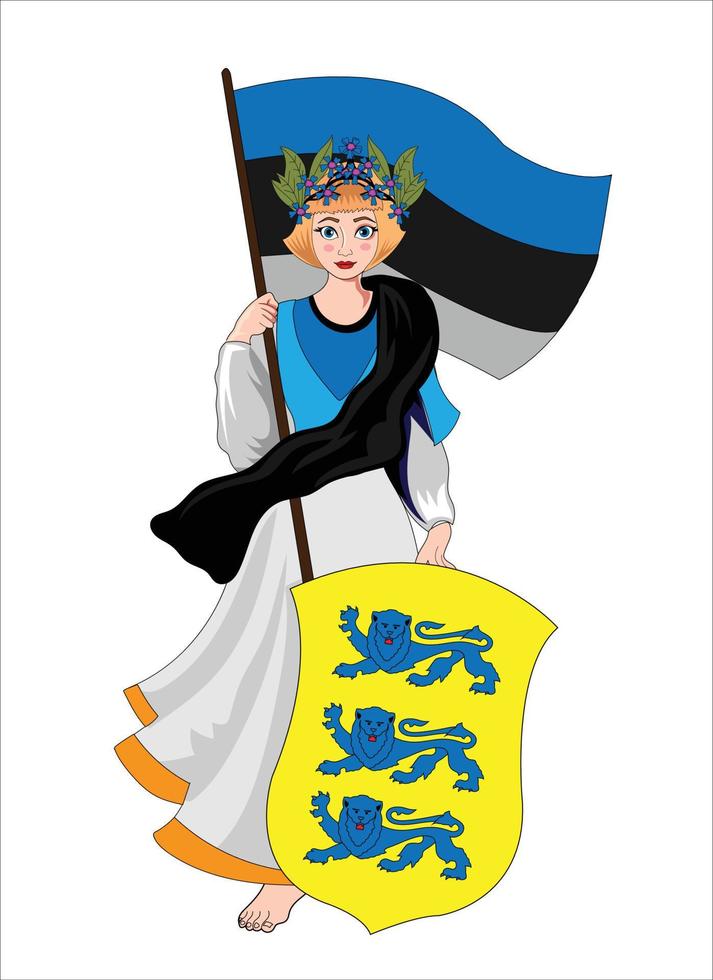 estonie fille tenant le drapeau et le bouclier illustration vectorielle vecteur