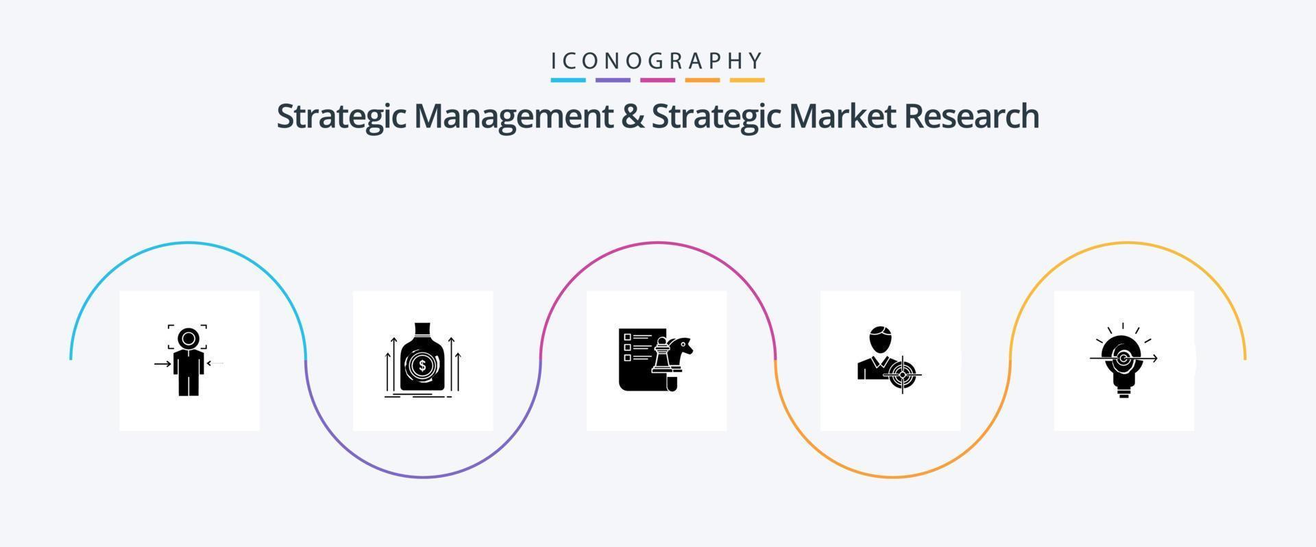pack d'icônes glyphe 5 de gestion stratégique et d'étude de marché stratégique, y compris l'objectif. se concentrer. fonds. homme. stratégie vecteur