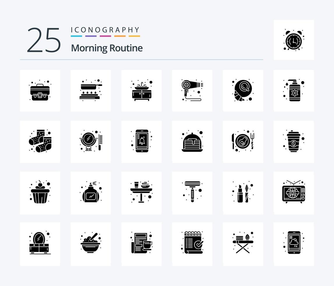 pack d'icônes de 25 glyphes solides de la routine du matin, y compris le croissant. petit-déjeuner. salle de bains. machine. marais vecteur