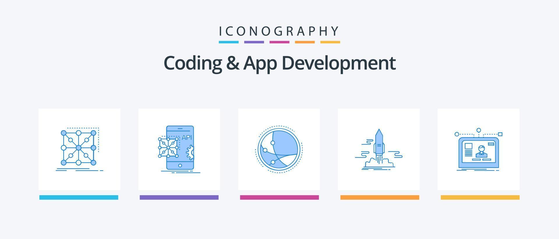 codage et développement d'applications pack d'icônes bleu 5 comprenant l'application. lancement. développement. réseau. connexion. conception d'icônes créatives vecteur