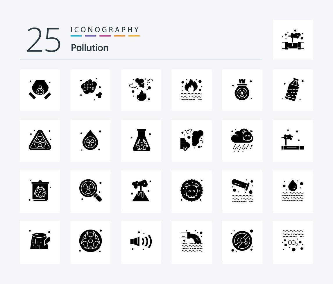 pollution 25 pack d'icônes de glyphes solides, y compris les déchets. déchets. feu. poubelle. gaz vecteur