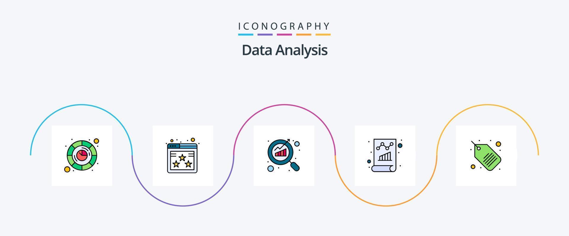 ligne d'analyse de données remplie de 5 icônes plates, y compris l'étiquette. surveillance. rapport. données. document vecteur