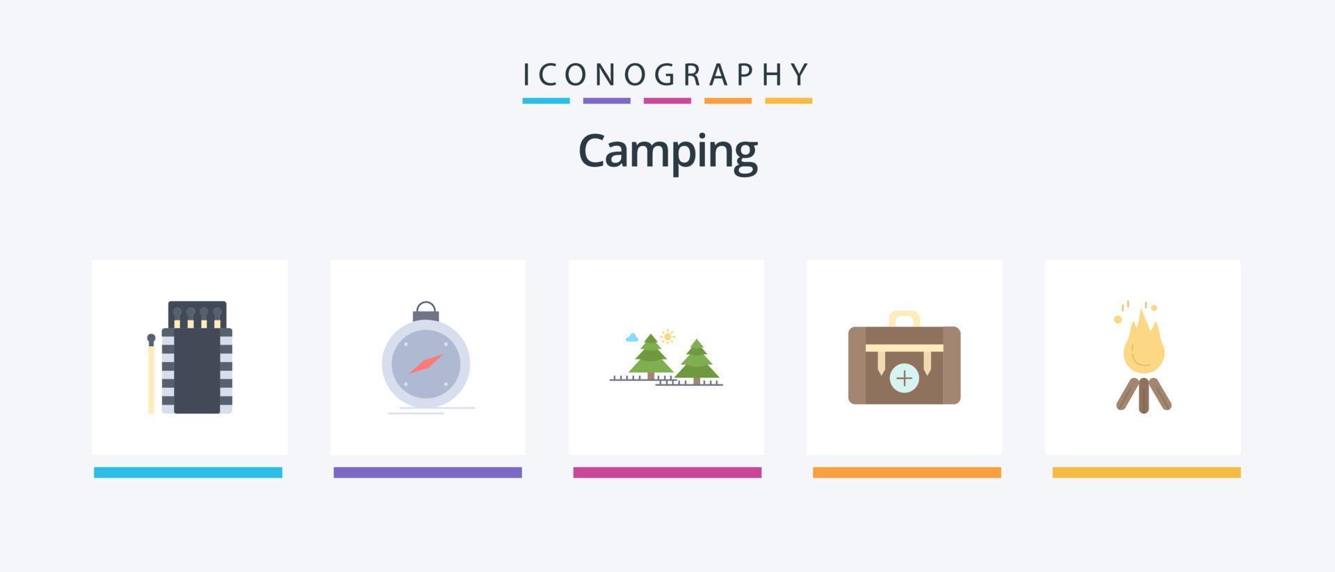 pack d'icônes camping plat 5, y compris la santé. sac. GPS. pins. jungle. conception d'icônes créatives vecteur
