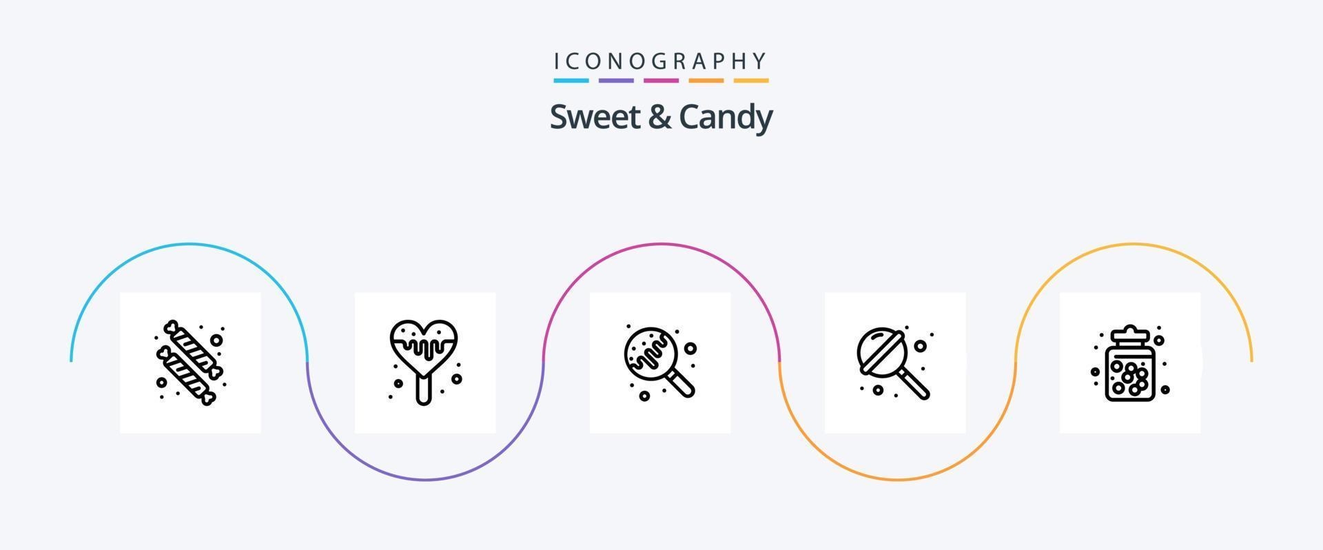 pack d'icônes sweet and candy line 5 comprenant. bonbons. sucette. nourriture. pot de bonbons vecteur